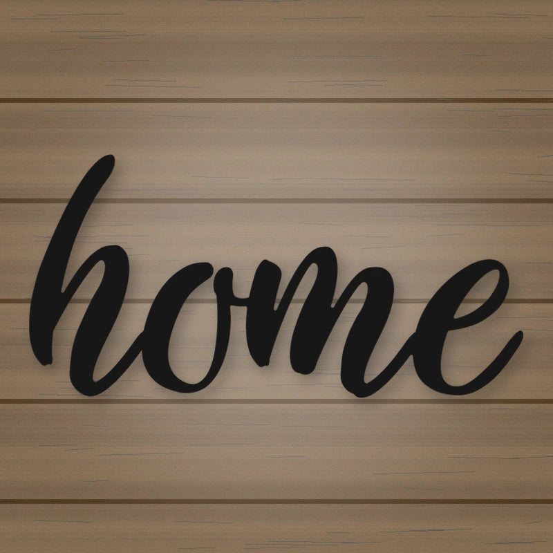 Home Script Metal Sign shown in Matte Black powder coat finish.