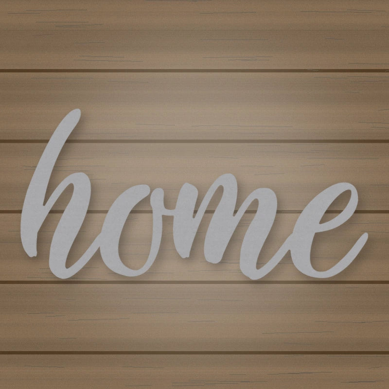 Home Script Metal Sign shown in Metallic Silver powder coat finish.