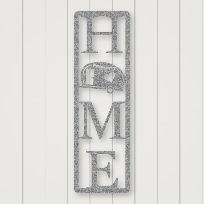 Home Camper Metal Sign Vertical Style Raw Steel / Rust animated finish preview Shopify Ready.