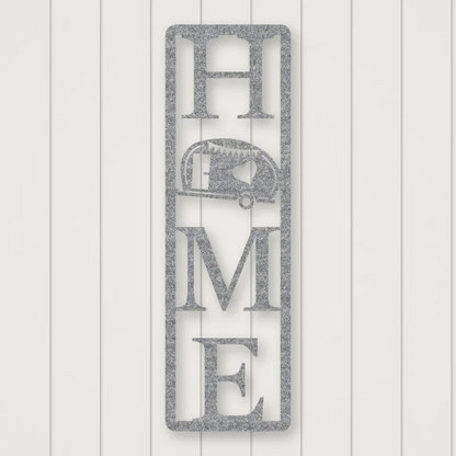 Home Camper Metal Sign Vertical Style Raw Steel / Rust animated finish preview Shopify Ready.