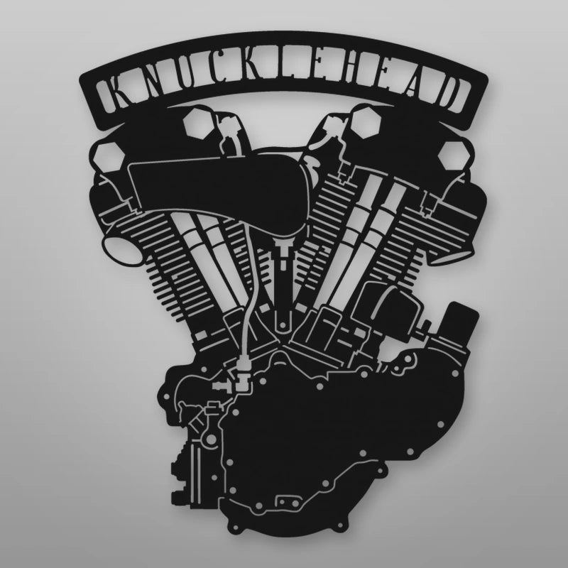 Knucklehead Engine Metal Garage Sign shown in Matte Black powder coat finish.