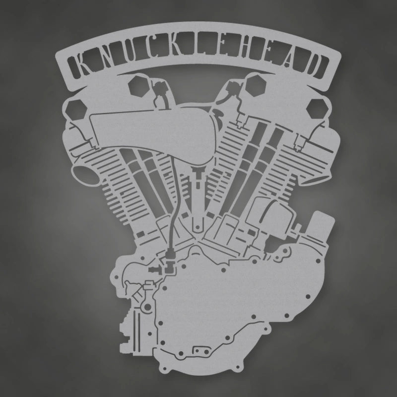 Knucklehead Engine Metal Garage Sign shown in Metallic Silver powder coat finish.