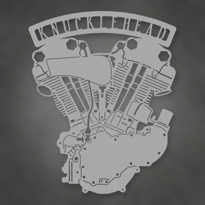 Knucklehead Engine Metal Garage Sign shown in Metallic Silver powder coat finish.