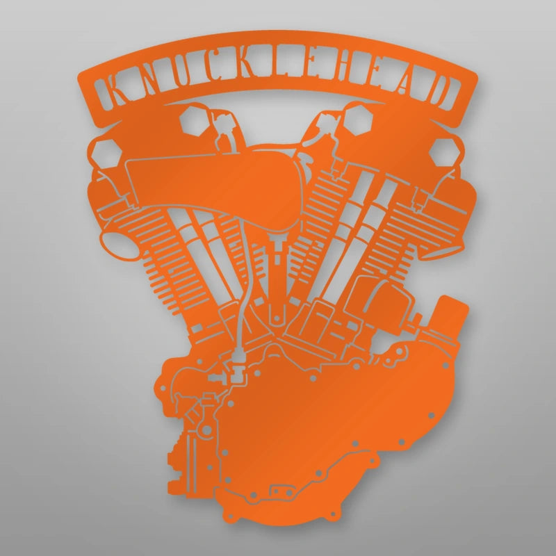 Knucklehead Engine Metal Garage Sign shown in Orange powder coat finish.