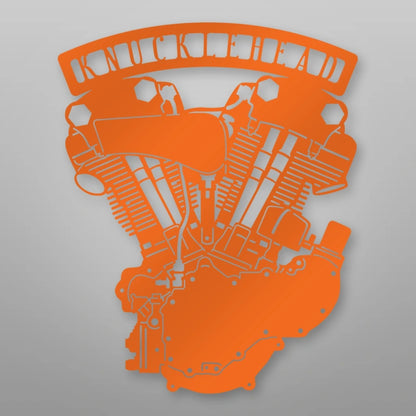 Knucklehead Engine Metal Garage Sign shown in Orange powder coat finish.