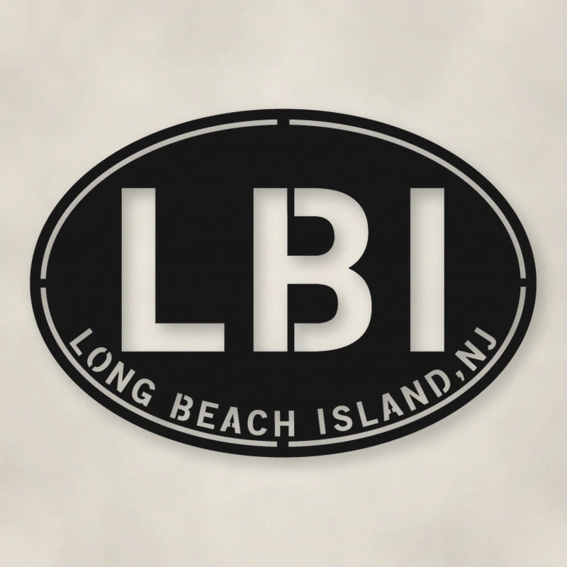 LBI New Jersey Oval Metal Wall Sign shown in Matte Black powder coat finish.