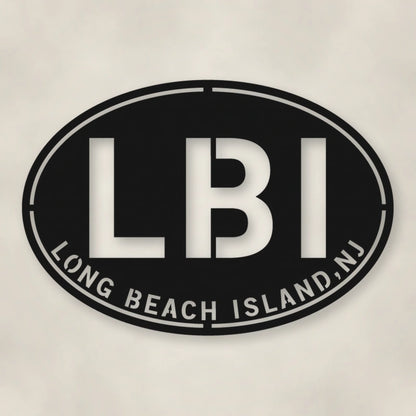 LBI New Jersey Oval Metal Wall Sign shown in Matte Black powder coat finish.