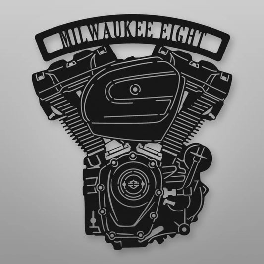 Milwaukee Eight Engine Metal Garage Sign shown in Matte Black powder coat finish.