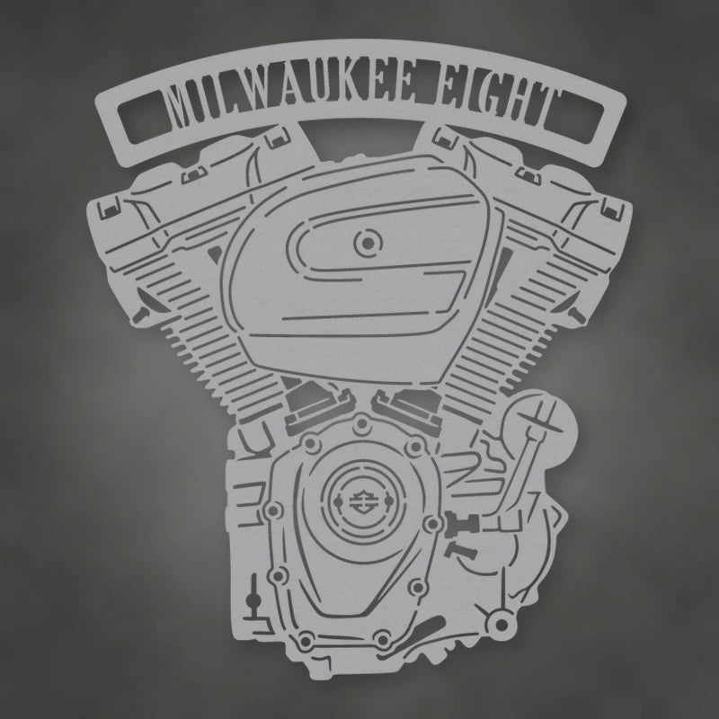 Milwaukee Eight Engine Metal Garage Sign shown in Metallic Silver powder coat finish.