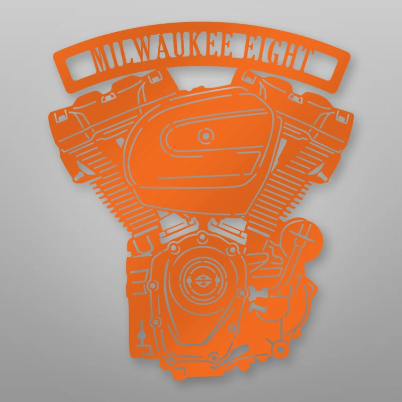 Milwaukee Eight Engine Metal Garage Sign shown in Orange powder coat finish.