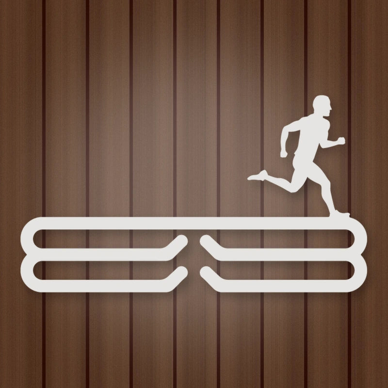 Male Runner Silhouette Medal Rack shown in Gloss White powder coat finish.