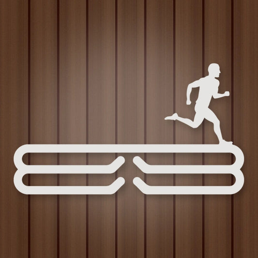 Male Runner Silhouette Medal Rack shown in Gloss White powder coat finish.