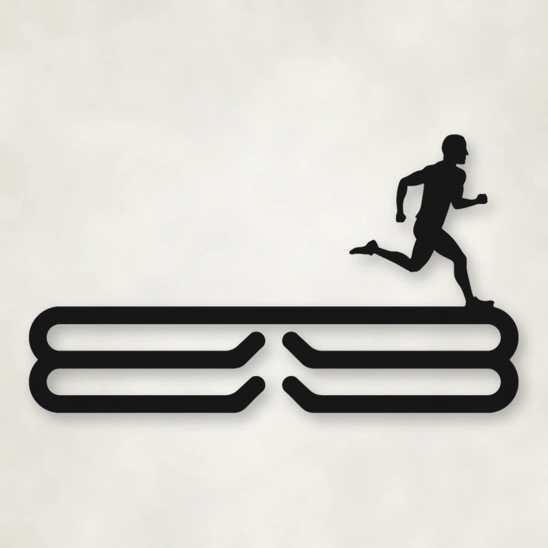 Male Runner Silhouette Medal Rack shown in Matte Black powder coat finish.