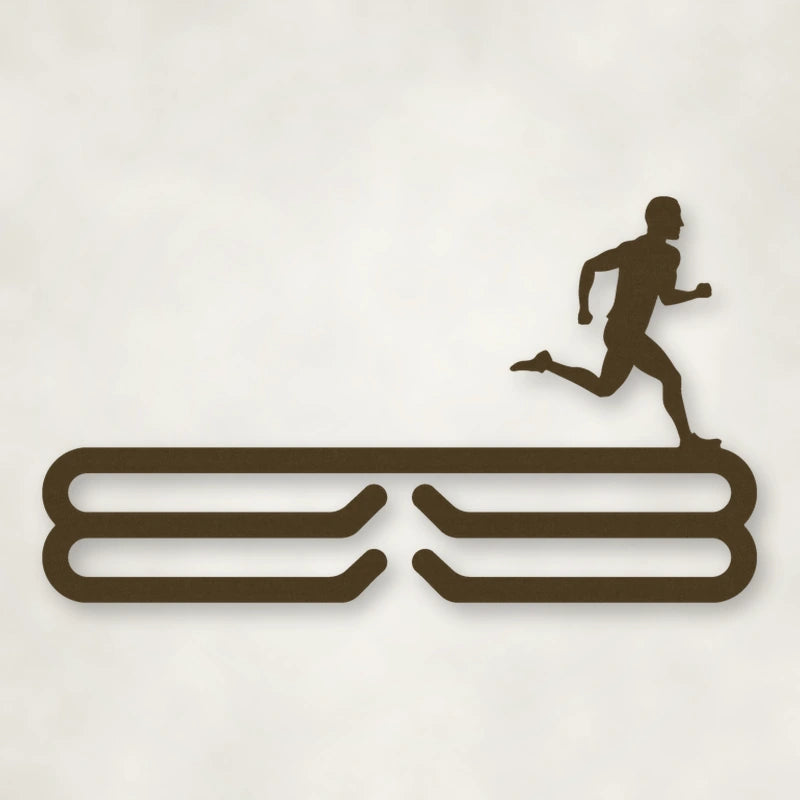 Male Runner Silhouette Medal Rack shown in Metallic Bronze powder coat finish.