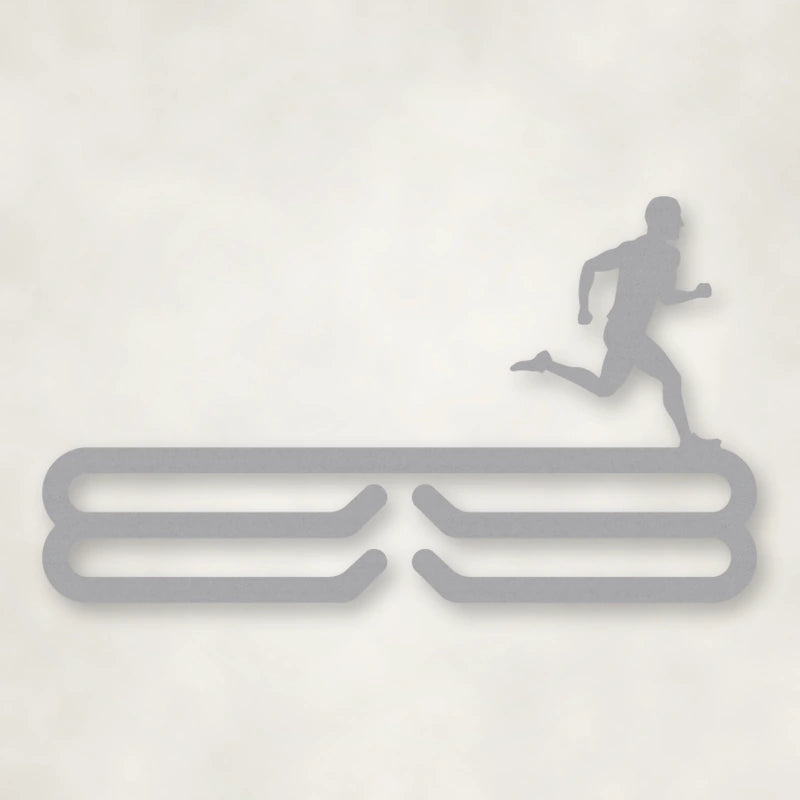 Male Runner Silhouette Medal Rack shown in Metallic Silver powder coat finish.