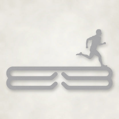 Male Runner Silhouette Medal Rack shown in Metallic Silver powder coat finish.
