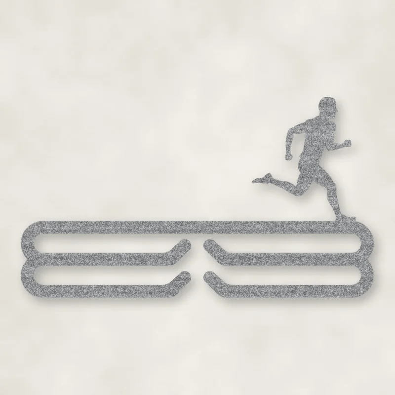 Male Runner Silhouette Medal Rack Raw Steel / Rust animated finish preview Shopify Ready.