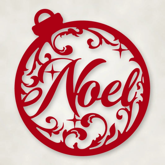Noel Round Holiday Metal Sign shown in Gloss Red powder coat finish.