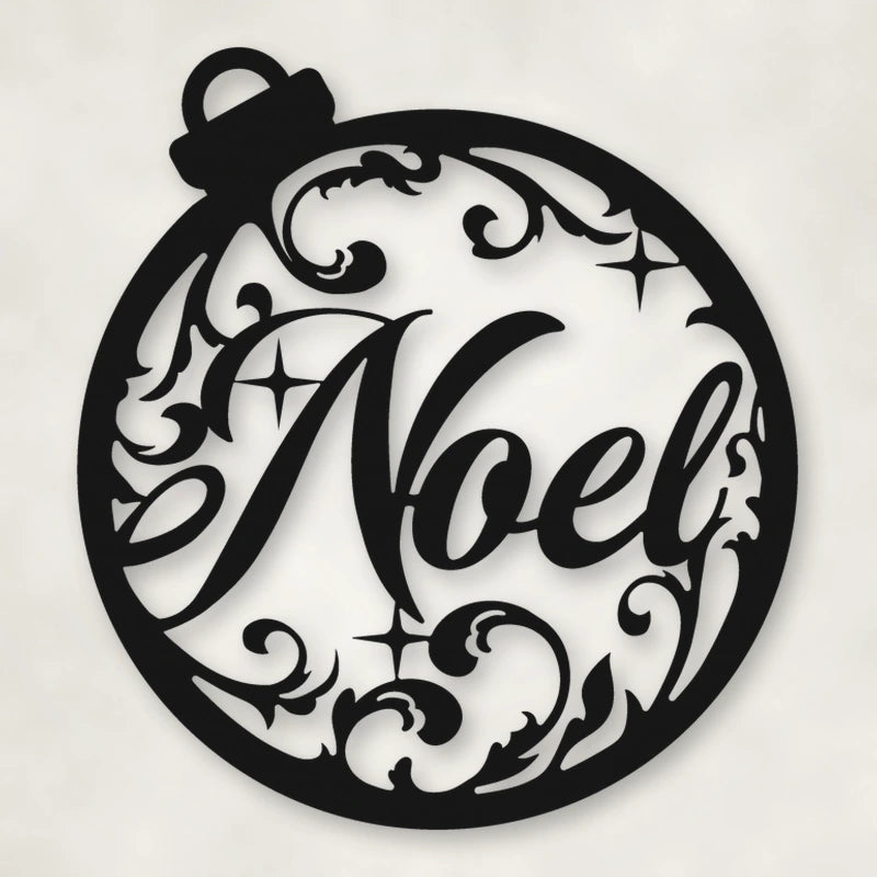 Noel Round Holiday Metal Sign shown in Matte Black powder coat finish.