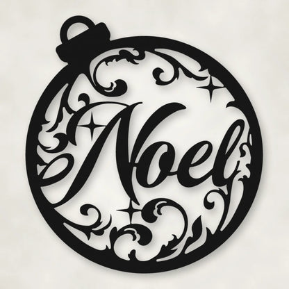 Noel Round Holiday Metal Sign shown in Matte Black powder coat finish.