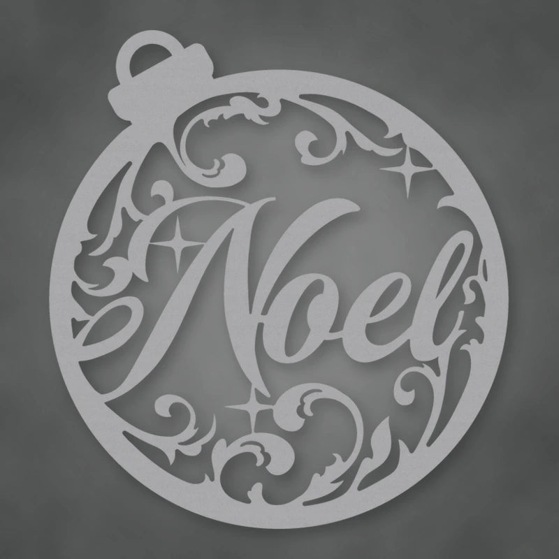 Noel Round Holiday Metal Sign shown in Metallic Silver powder coat finish.