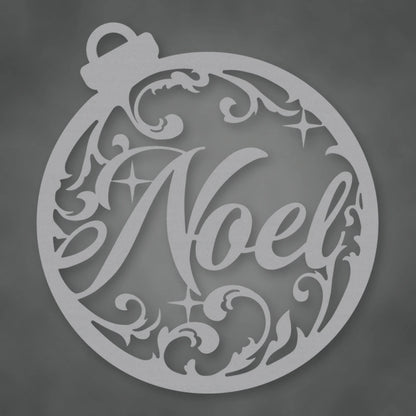 Noel Round Holiday Metal Sign shown in Metallic Silver powder coat finish.