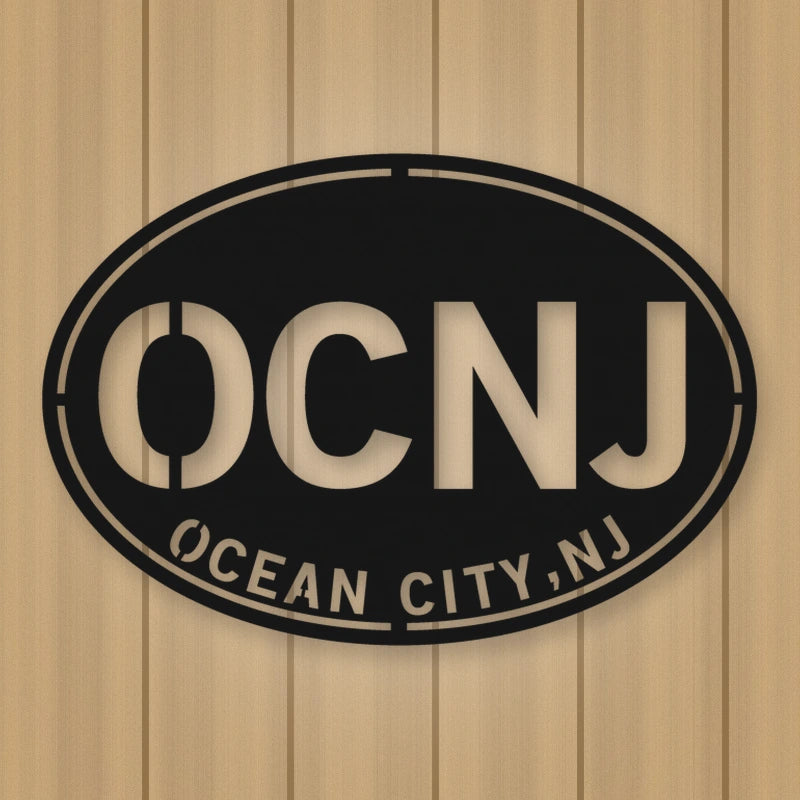 Ocean City New Jersey Oval Metal Wall Sign shown in Matte Black powder coat finish.