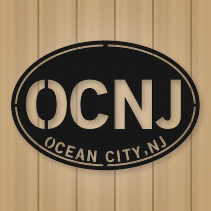 Ocean City New Jersey Oval Metal Wall Sign shown in Matte Black powder coat finish.