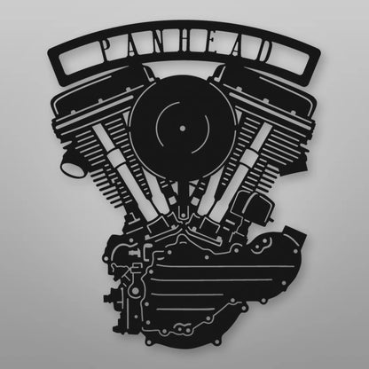 Panhead Engine Metal Garage Sign shown in Matte Black powder coat finish.