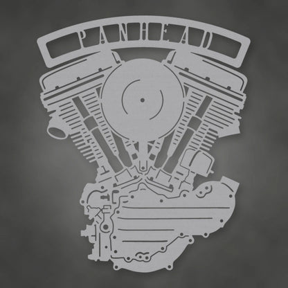 Panhead Engine Metal Garage Sign shown in Metallic Silver powder coat finish.