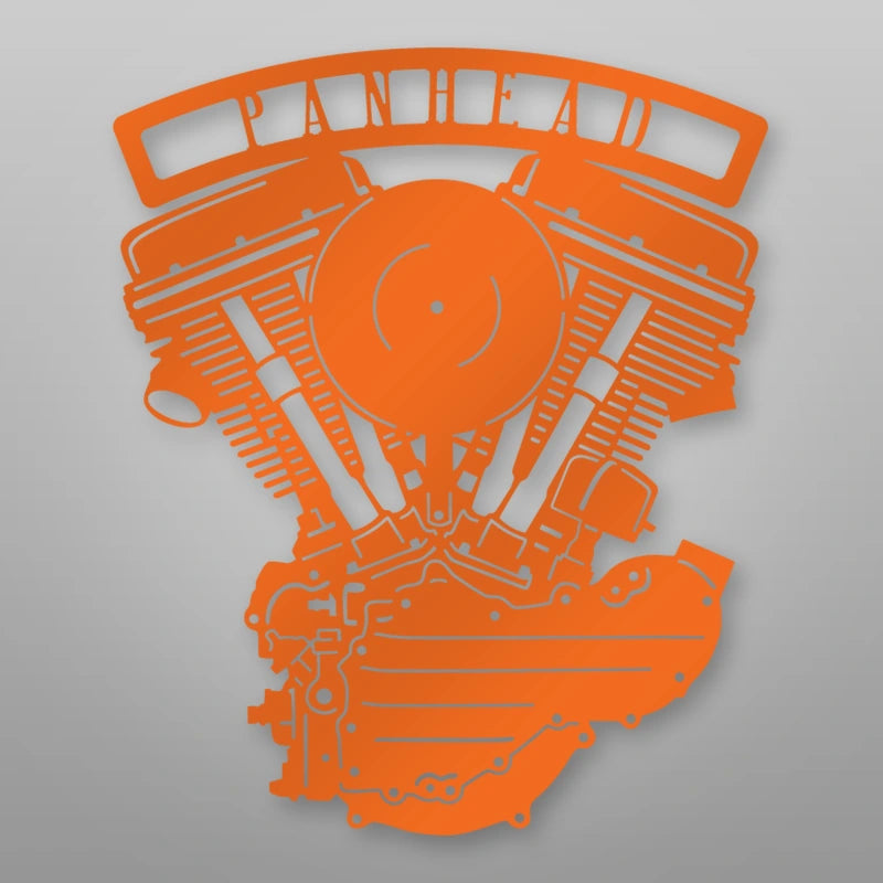 Panhead Engine Metal Garage Sign shown in Orange powder coat finish.