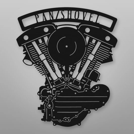 Pan Shovel Generator Shovelhead Engine Metal Garage Sign shown in Matte Black powder coat finish.
