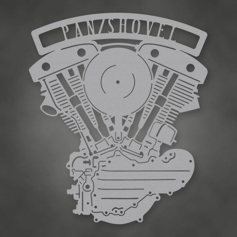 Pan Shovel Generator Shovelhead Engine Metal Garage Sign shown in Metallic Silver powder coat finish.