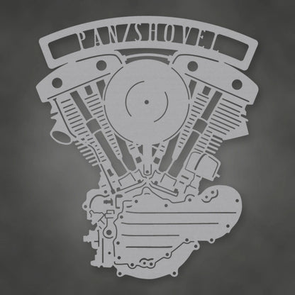 Pan Shovel Generator Shovelhead Engine Metal Garage Sign shown in Metallic Silver powder coat finish.