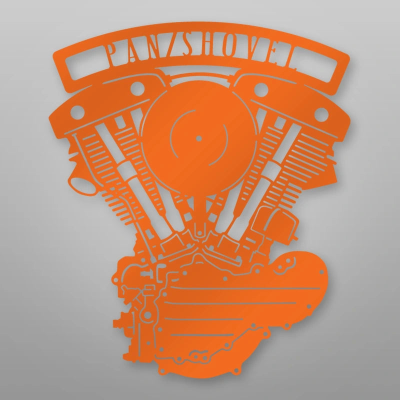 Pan Shovel Generator Shovelhead Engine Metal Garage Sign shown in Orange powder coat finish.