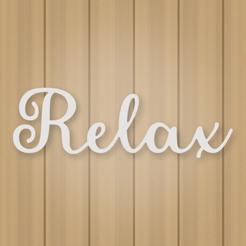 Relax Script Metal Sign shown in Gloss White powder coat finish.