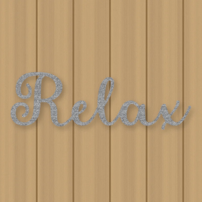 Relax Script Metal Sign Raw Steel / Rust animated finish preview Shopify Ready.