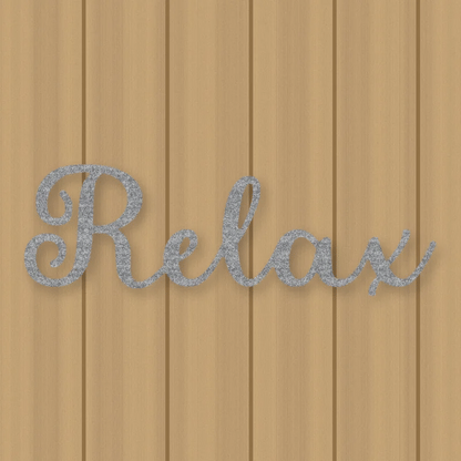 Relax Script Metal Sign Raw Steel / Rust animated finish preview Shopify Ready.