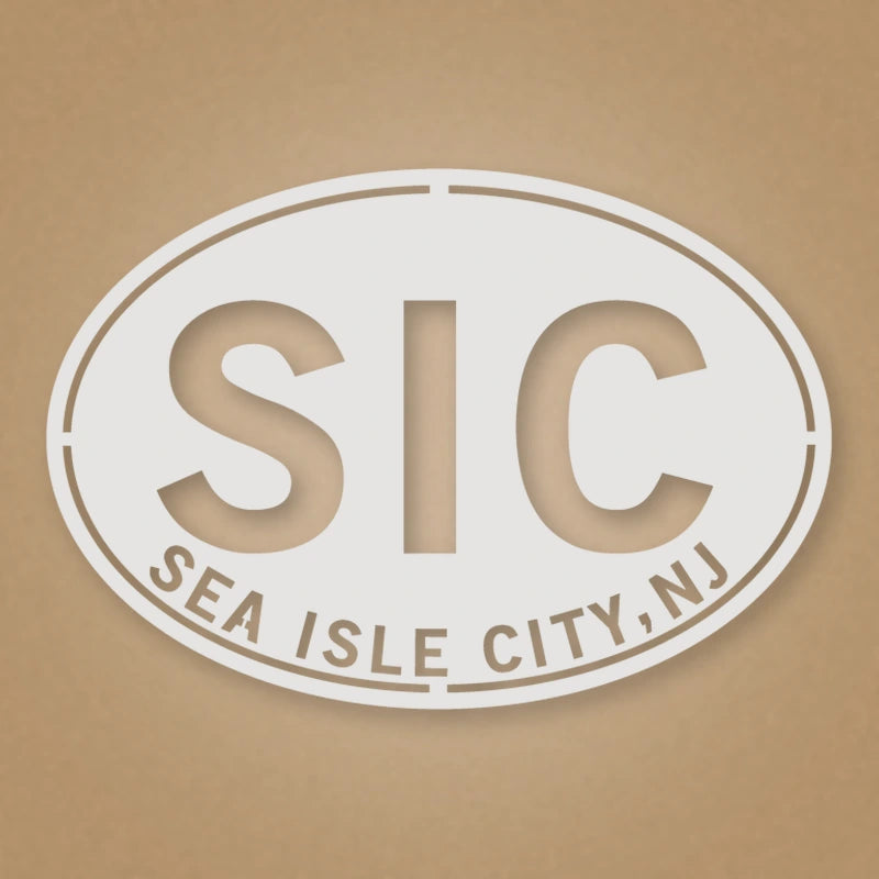 Sea Isle City New Jersey Oval Metal Wall Sign shown in Gloss White powder coat finish.