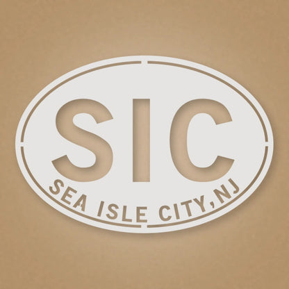 Sea Isle City New Jersey Oval Metal Wall Sign shown in Gloss White powder coat finish.