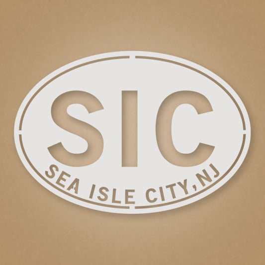 Sea Isle City New Jersey Oval Metal Wall Sign shown in Gloss White powder coat finish.