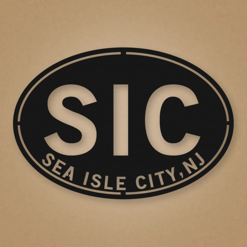 Sea Isle City New Jersey Oval Metal Wall Sign shown in Matte Black powder coat finish.