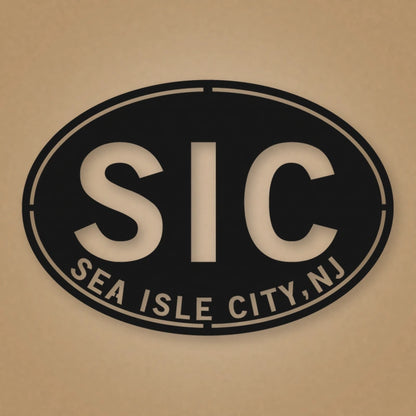 Sea Isle City New Jersey Oval Metal Wall Sign shown in Matte Black powder coat finish.