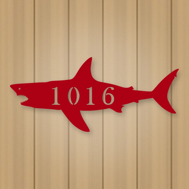 Shark Address Metal Sign shown in Gloss Red powder coat finish.