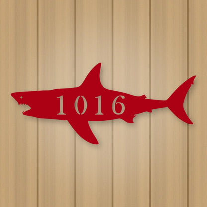 Shark Address Metal Sign shown in Gloss Red powder coat finish.