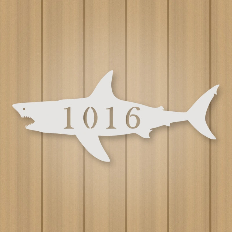 Shark Address Metal Sign shown in Gloss White powder coat finish.