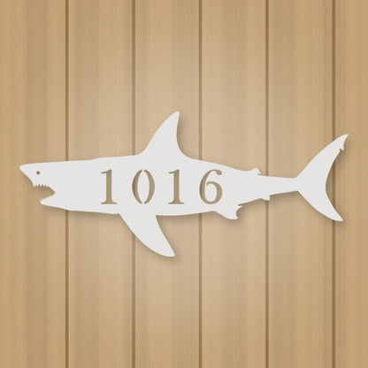 Shark Address Metal Sign shown in Gloss White powder coat finish.