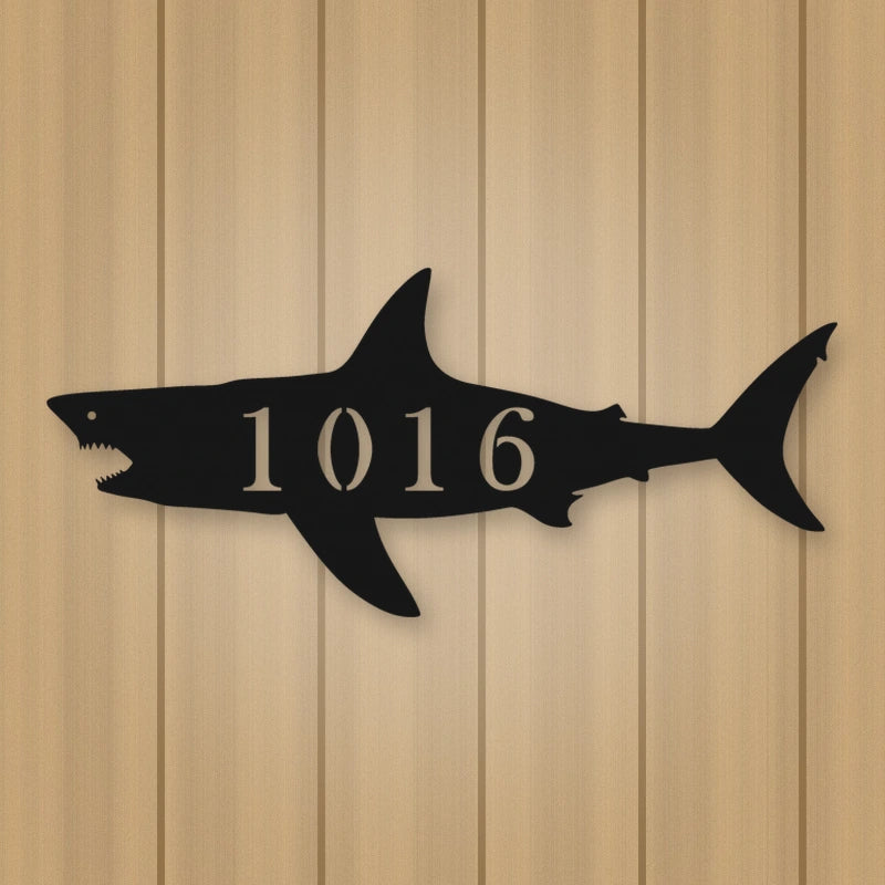 Shark Address Metal Sign shown in Matte Black powder coat finish.