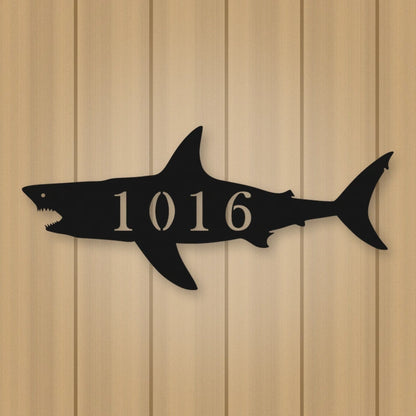 Shark Address Metal Sign shown in Matte Black powder coat finish.
