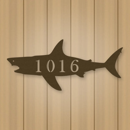 Shark Address Metal Sign shown in Metallic Bronze powder coat finish.